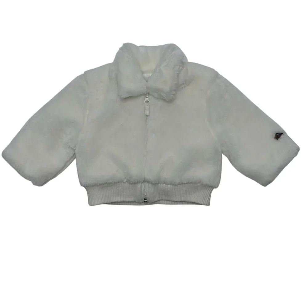 Roots Girls 6-12 Months White Full Zip Long‎ Sleeve Logo Faux Fur Jacket Coat